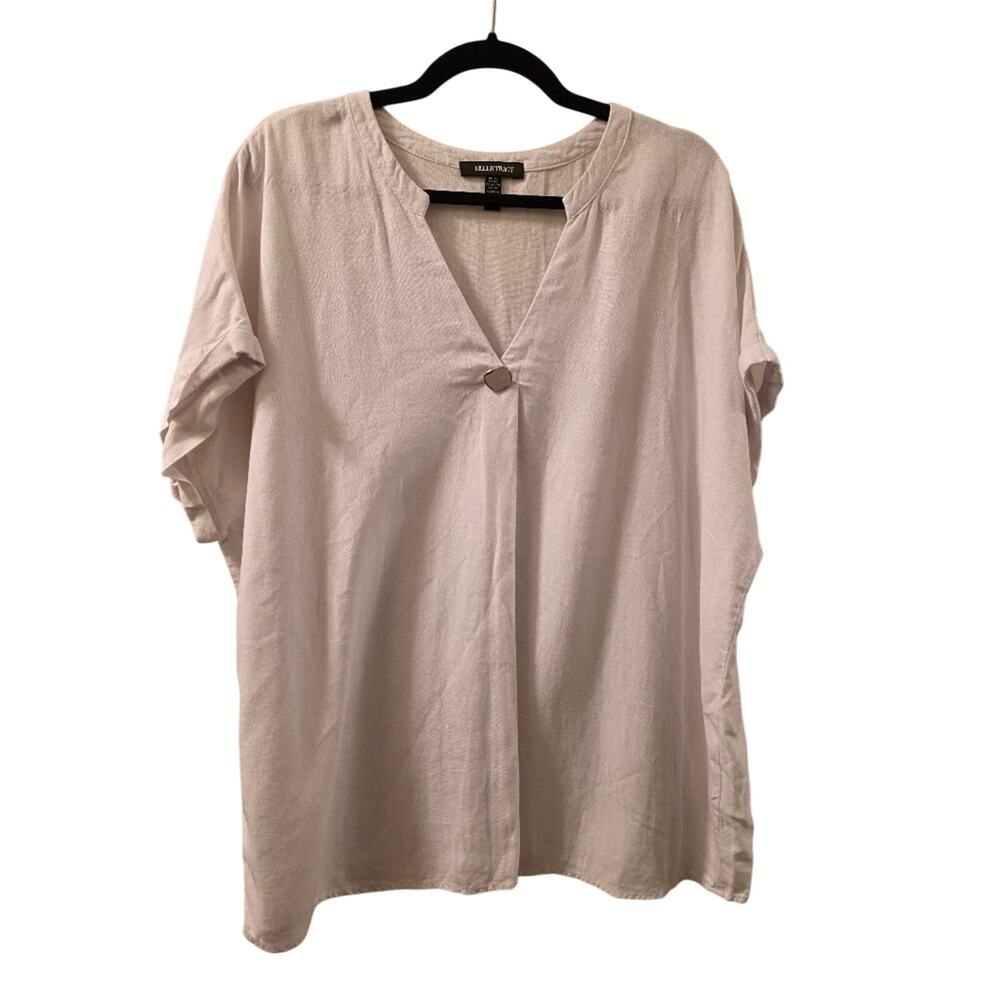 Ellen Tracy Linen White Short Sleeve Top Size XL V-Neck Lagonlook Boho Oversized